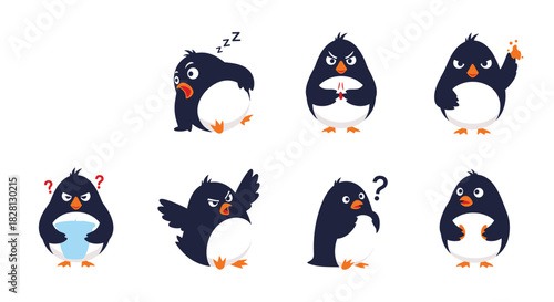 A collection of funny and expressive cartoon penguin characters showing angry and grumpy emotions in various poses on white background.