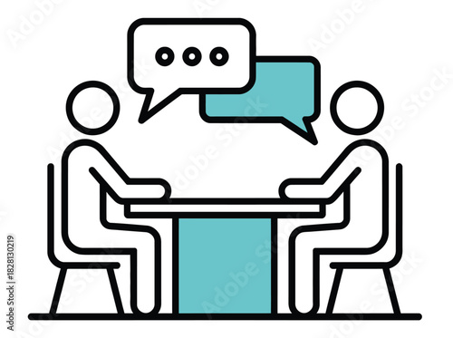 Two people are sitting at a table and talking, with speech bubbles above their heads.
