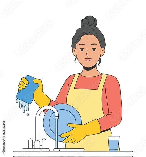 A person wearing an apron and yellow gloves washes dishes in a kitchen sink.