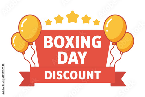 Boxing Day discount banner with balloons and stars, promoting a sale event.