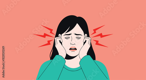 An illustration of a distressed woman covering her ears with her fingers to block out loud and unbearable noise or sound.