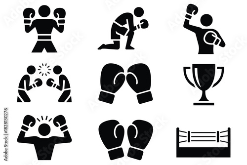 A set of boxing icons depicts fighters, gloves, a trophy, and a ring.