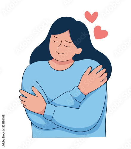 A woman embraces herself with love and self-acceptance, depicted with floating hearts.