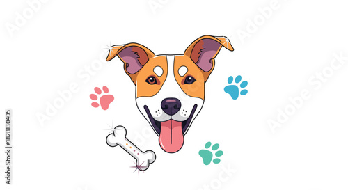A cheerful cartoon dog face with its tongue out surrounded by colorful paw prints and a sparkling bone on white background.