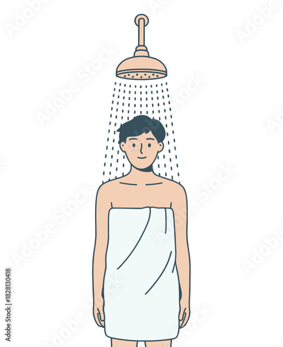 A person stands under a shower, wrapped in a towel, with water falling from the showerhead.