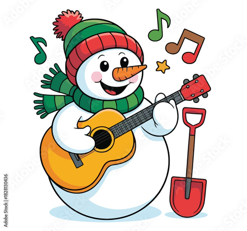 A cheerful snowman plays a guitar while singing holiday songs