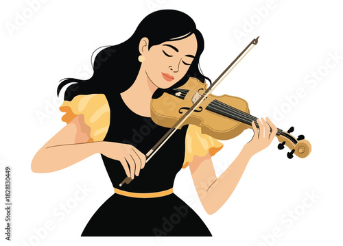 A woman plays the violin with her eyes closed, enjoying the music.