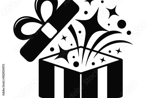 An open gift box with sparkling stars and confetti erupting from within.