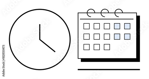 Clock face and calendar with highlighted dates emphasize scheduling, deadlines, routines, and productivity. Ideal for time management, planning, organization, scheduling, work-life balance