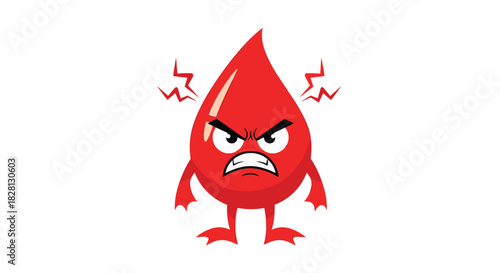 A funny cartoon mascot of an angry red blood drop with a furious facial expression and clenched fists on a white background.