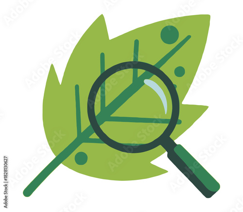A magnifying glass is used to examine a green leaf, representing scientific study of plants.