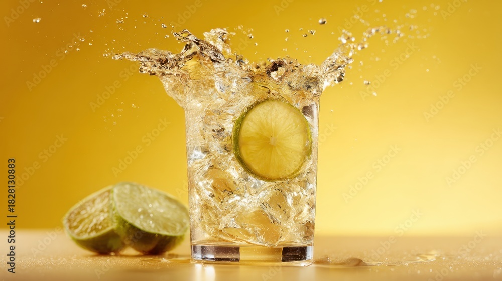 Obraz premium A glass of lemonade with a lime wedge in it. The lime wedge is floating in the glass, and the drink is cold and refreshing. Concept of relaxation and enjoyment