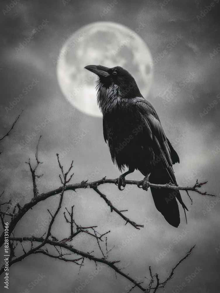 Obraz premium Silhouette of a raven perched on a branch under full moon