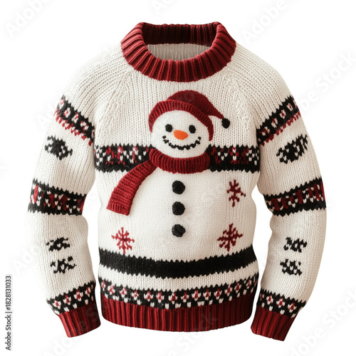 Festive Red and White Knitted Sweater Featuring a Snowman Perfect for Holiday...