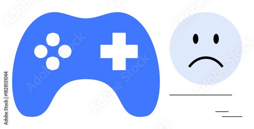 Gaming addiction. A blue video game controller with a sad face icon conveys gaming addiction challenges. Gaming addiction linked to mental well-being and excessive screen time. Usage gaming, mental
