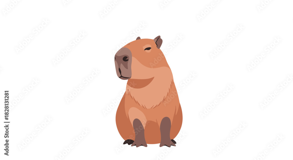 Obraz premium A cute and calm cartoon capybara character sitting down with a content and slightly sleepy expression on a white background.