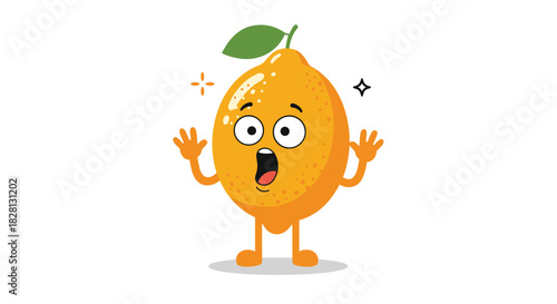 A very surprised and shocked cartoon citrus fruit character with wide eyes an open mouth and raised hands on white background.