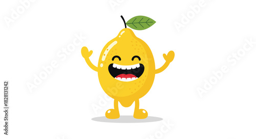 A very cheerful and happy cartoon lemon mascot character laughing with a big open mouth and raised arms in pure excitement.