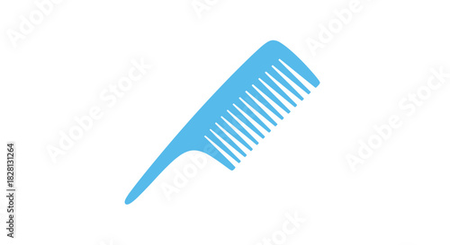 A simple solid blue silhouette icon of a hair comb with a handle isolated on a completely plain and clean white background.