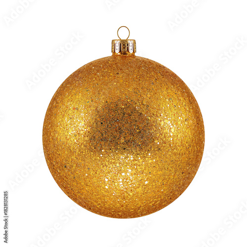 Bright Golden Christmas Ornament With Glitter Shining Against a White Background