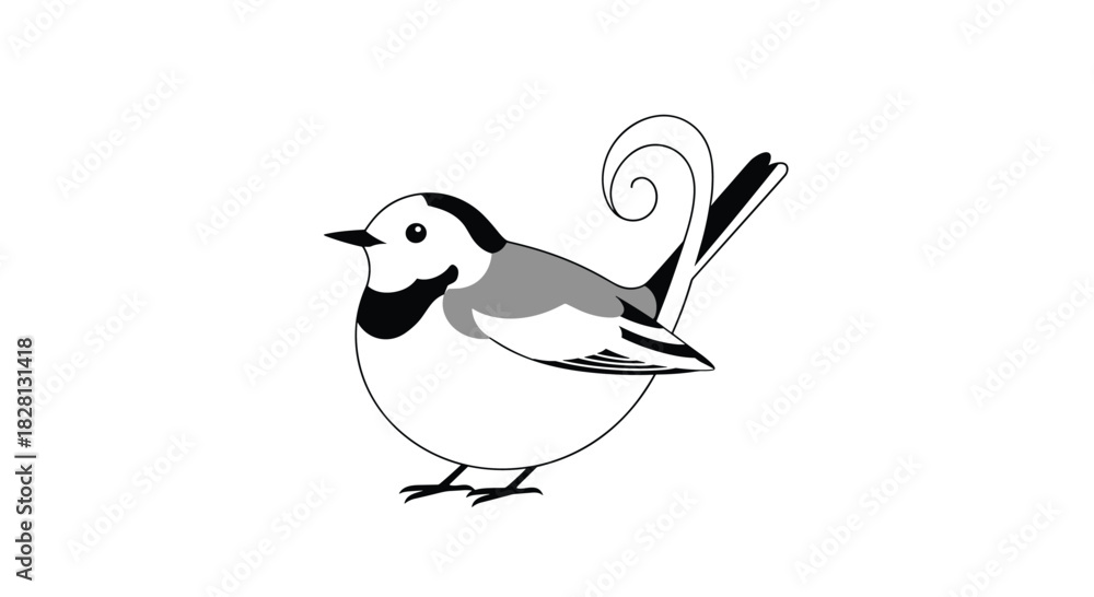 Fototapeta premium A charming black and white cartoon wagtail bird with a stylized curly tail is shown standing on a plain white background.