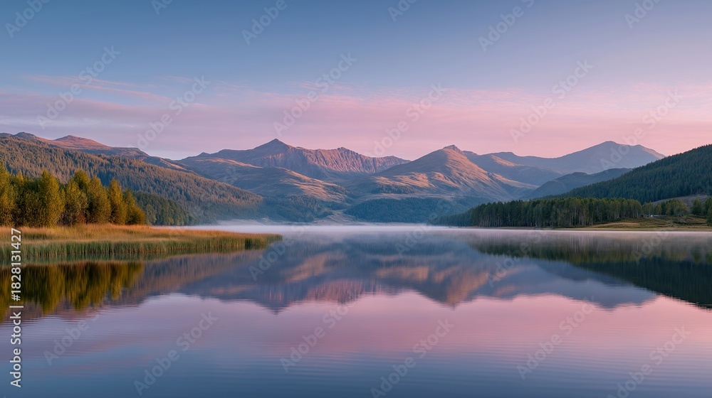 Fototapeta premium A calm lake at sunrise mirroring a mountain range perfectly, pastel skies doubling in the water as mist rises — nature symmetry, landscape reflection beauty, and serene outdoor photography.