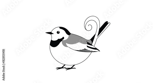 A charming black and white cartoon wagtail bird with a stylized curly tail is shown standing on a plain white background.