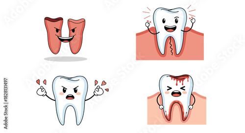 A set of four funny cartoon tooth characters illustrating various dental problems like bleeding gums cavities and cracked teeth.