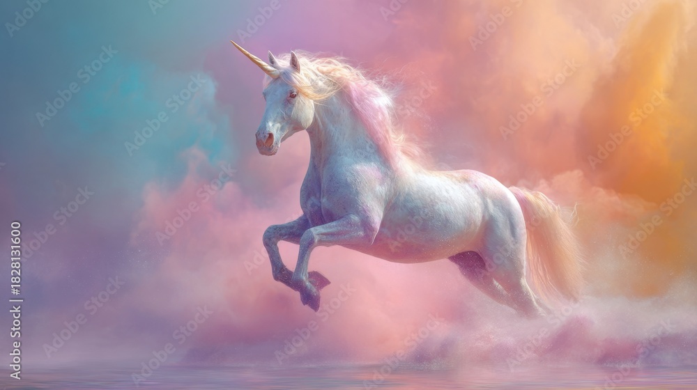 Naklejka premium A unicorn is flying through the air with its head held high. The sky is filled with clouds, and the water is calm. The image has a dreamy, whimsical feel to it, and it seems to be a work of art