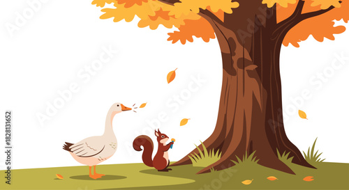 A charming autumn scene with a friendly white goose and a cute squirrel standing under a large tree with falling orange leaves.