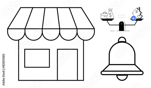 Small business concepts. A shop icon complements financial scale and notification bell elements. Small business include finance, alerts, store management, and budgeting. For e-commerce, startups