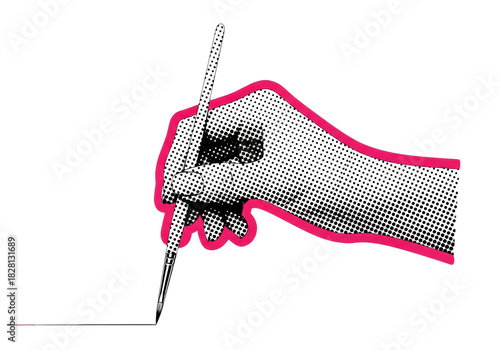 elegant female hand, retro pop art halftone ben-day dots, gripping a paintbrush, isolated on white with a sharp pink collage border. graphic design concept of artistic precision