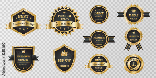Premium quality golden signs collection  isolated on transparent background. Trophy for challenge. Set of award medals. Golden label. Design element for advertising.Premium quality.Vector illustration