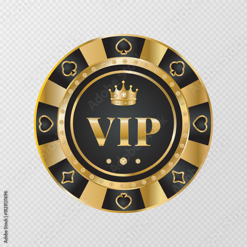 Gold and black  poker chips with diamonds on transparent background. Gambling token with suit for poker and casino. VIP. Design for advertising, games, casino,  posters. Vector illustration.