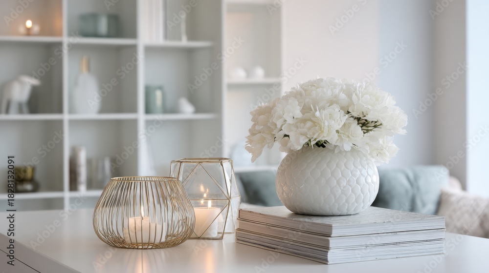 Fototapeta premium A white vase with flowers sits on a table next to a book. The vase is filled with white flowers and has a gold frame. The table is surrounded by books, creating a cozy and inviting atmosphere