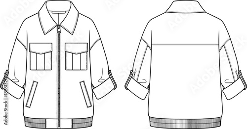 Jacket technical sketch, front and back view, zipper closure, flap pocket, ribbed hem,Jacket technical sketch, front and back view, zipper closure, flap pocket, ribbed hem,