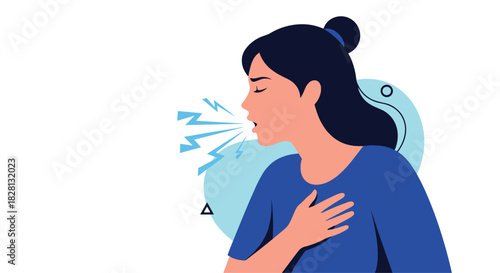 An illustration of a young woman coughing and holding her chest indicating a respiratory illness like a cold flu or bronchitis.