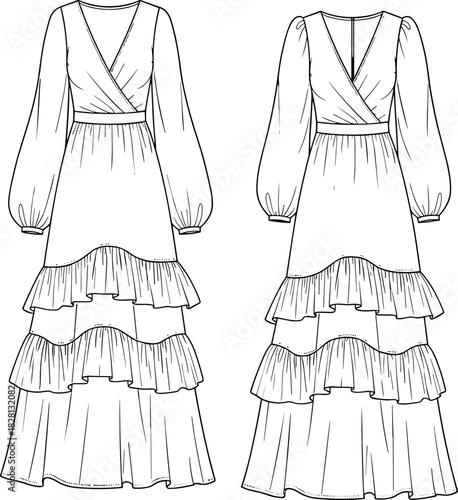 Long dress fashion illustration, front and back view, wrap bodice,Long dress fashion illustration, front and back view, wrap bodice,