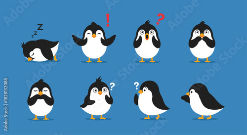 A collection of eight cute and expressive cartoon penguin characters showing various emotions like sleepiness surprise and confusion.