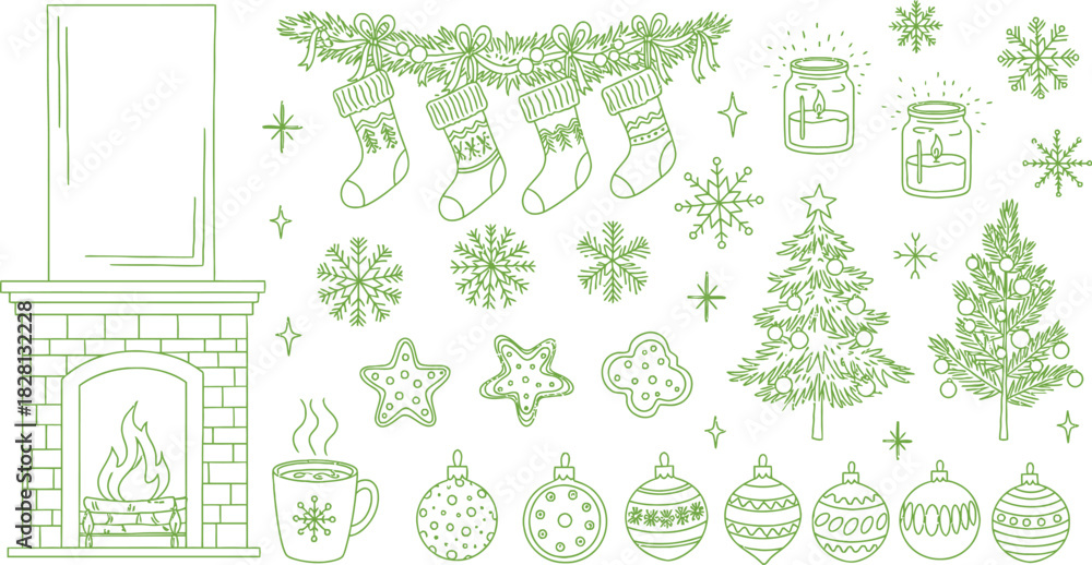 Fototapeta premium Vintage christmas ornament and decoration illustration in green