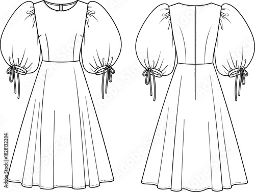 Puff sleeve dress technical sketch, front and back view, round neckline, drawstring bow cuff,Puff sleeve dress technical sketch, front and back view, round neckline, drawstring bow cuff,