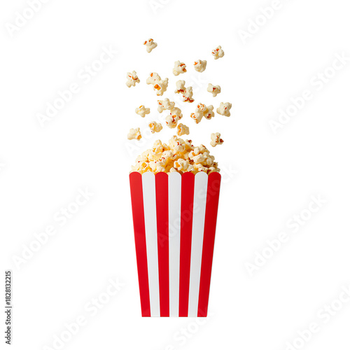 Popcorn Bursting From a Striped Container Against a White Background