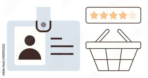 ID badge, shopping basket, and star rating highlight identity, purchase, and review themes. Ideal for consumer trust, e-commerce, feedback, branding professionalism retail simple flat metaphor