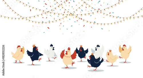 Cute and funny cartoon chickens with crowns dancing under string lights and confetti at a festive farm animal party celebration.