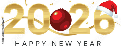 "2026 golden ribbon digits, festive ornament, Santa hat design, Happy New Year greeting, holiday celebration, cheerful seasonal graphic, vibrant"