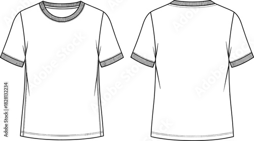 Short sleeve t-shirt technical sketch, front and back view, round neckline,Short sleeve t-shirt technical sketch, front and back view, round neckline,