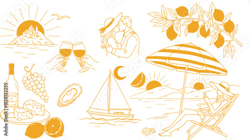 Summer vacation golden line art collection illustration