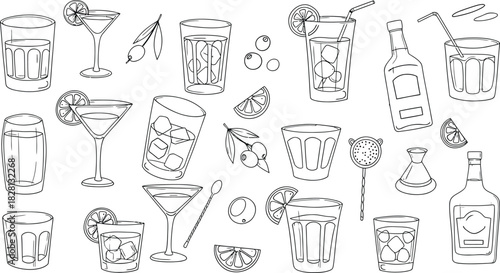 Cocktail sketch collection black and white line art