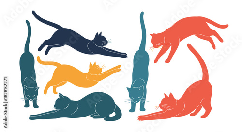 Colorful set of cat silhouettes in various dynamic poses including stretching jumping and relaxing on a clean white background.
