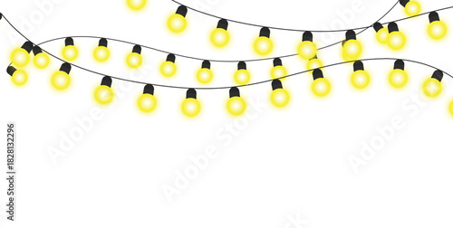 Bright Yellow Glowing String Lights Vector Illustration Border for Party, Holiday, Festive, or Wedding Invitation Background Frame